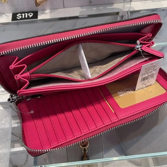 MICHAEL KORS JST Leather Continental Wristlet Phone Case Wallet 
Dragonfruit NWT - Picture 9 of 16